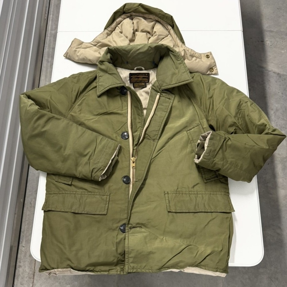 Eddie Bauer Down Parka Mens XL Olive Green Good Vintage Hooded Expedition Jacket